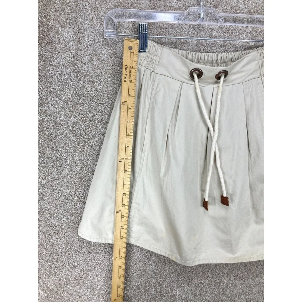 Zara Pleated Drawstring Mini Skirt Womens XS Beige Elastic Waist Cotton Coastal